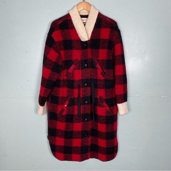 Isabel Marant Jackets & Blazers - Isabel Marant Buffalo Plaid Red Black Checkered Wool Long Coat Collar Sz 42
